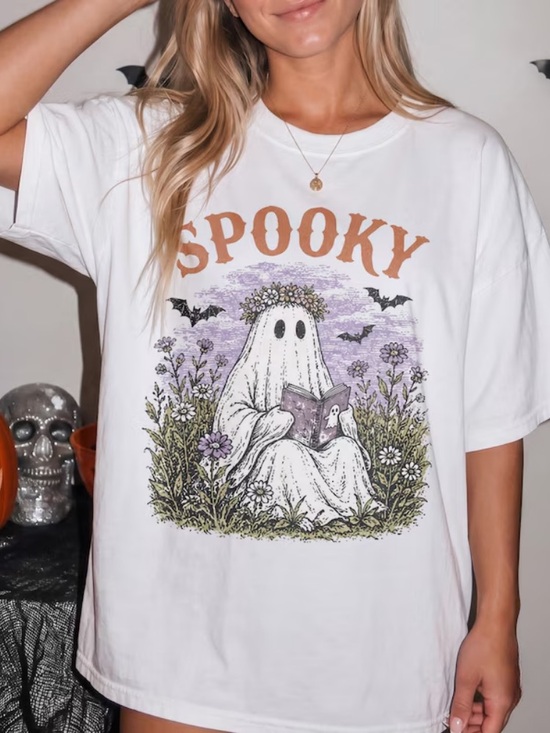 Comfort Colors Other - Spooky Ghost Reading Halloween Shirt, Floral Flower Crown Vintage Graphic Tee
